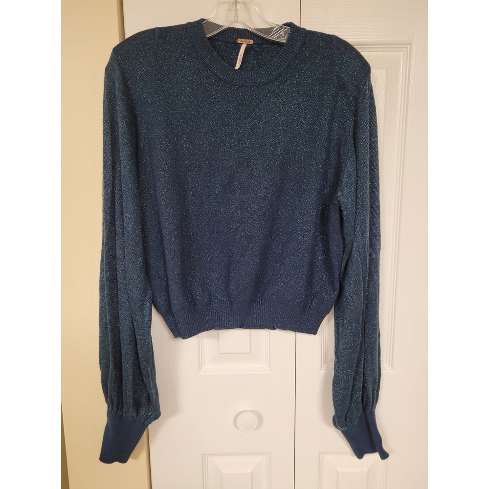 FREE PEOPLE  Metallic Topaz Bishop‎ Sleeve Sweater Vintage BOHO Y2K Sz L Festive